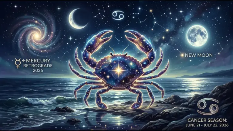 Cancer Season 2026 themed image showing the crab, symbol, Mercury retrograde, and the new moon