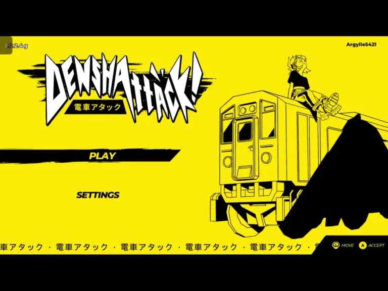 A Screenshot of the opening menu for DenshAttack. Mostly Yellow, with DenshAttack at the top in white, all other writing including some Japanese characters in black, as well as a Subway Car with main character Emi sitting on top also in black.