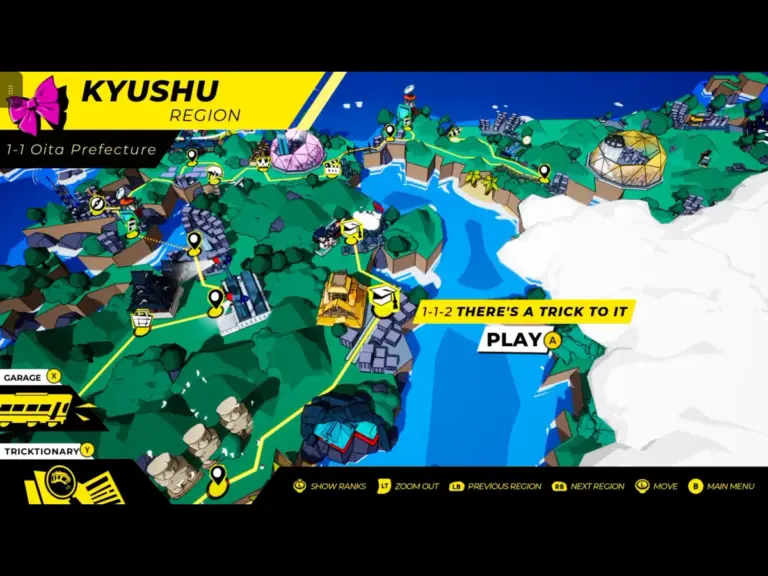 A Screenshot of the Overworld Map of DenshAttack wiht Kyushu in Black on a Yellow Background with a Pink Hairbow in the upper left, a part of Japanwith Lush greenery and buildings all over, and Black Map Pins for the various missions.