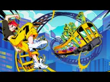A promo image for the video game Denshattack, with main character Emi, a girl with fair skin, red hair, a black shirt, yellow and black streetwear pants, and white sneakers on the left, and a yellow and black subway car on the right.