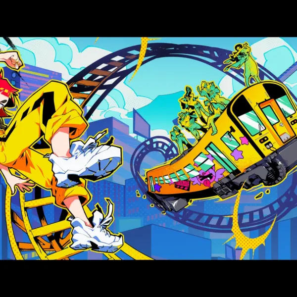 A promo image for the video game Denshattack, with main character Emi, a girl with fair skin, red hair, a black shirt, yellow and black streetwear pants, and white sneakers on the left, and a yellow and black subway car on the right.