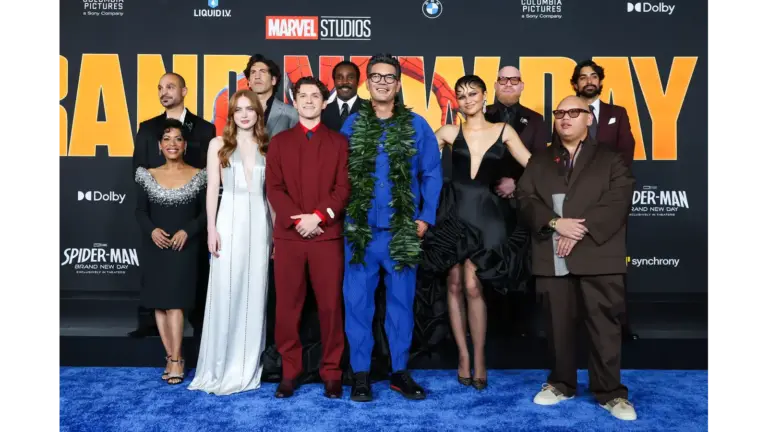 HOLLYWOOD, CALIFORNIA - JULY 27: (L-R) Michael Mando, Liza Colón-Zayas, Sadie Sink, Jon Bernthal, Tom Holland, Tramell Tillman, Destin Daniel Cretton, Zendaya, Marvin Jones III, Jacob Batalon and Eman Esfandi attend the World Premiere of Columbia Pictures SPIDER-MAN: BRAND NEW DAY at the Dolby Theatre on July 27, 2026 in Hollywood, California.