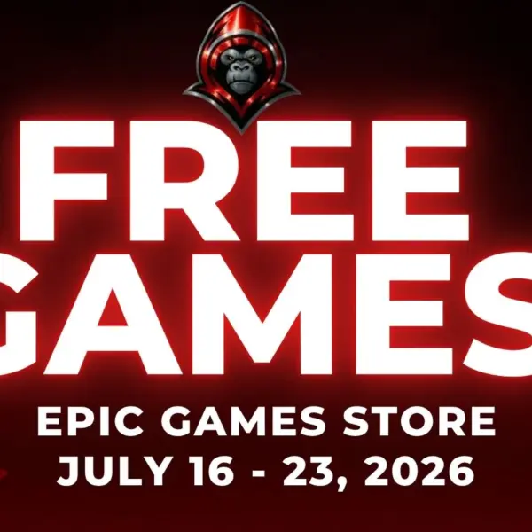 Free Games on the Epic Games Store July 16 - July 23, 2026 on a red background with gaming related icons