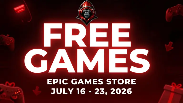 Free Games on the Epic Games Store July 16 - July 23, 2026 on a red background with gaming related icons