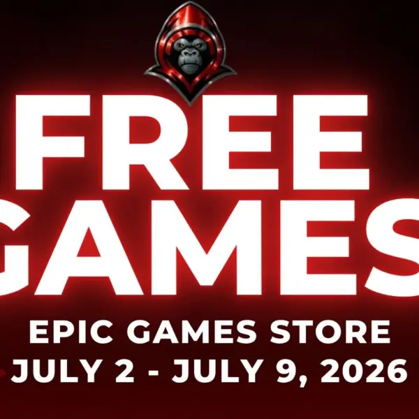 Free Games on the Epic Games Store July 2 - July 9, 2026 on a red background with gaming related icons