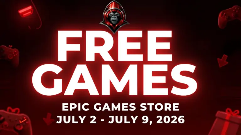 Free Games on the Epic Games Store July 2 - July 9, 2026 on a red background with gaming related icons