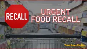Background of a supermarket or grocery store with a shopping cart handle in the foreground. It says "Urgent Food Recall"