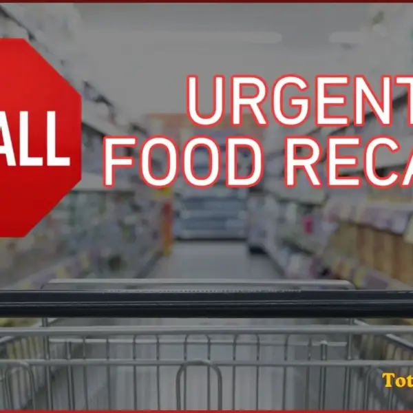 Background of a supermarket or grocery store with a shopping cart handle in the foreground. It says "Urgent Food Recall"