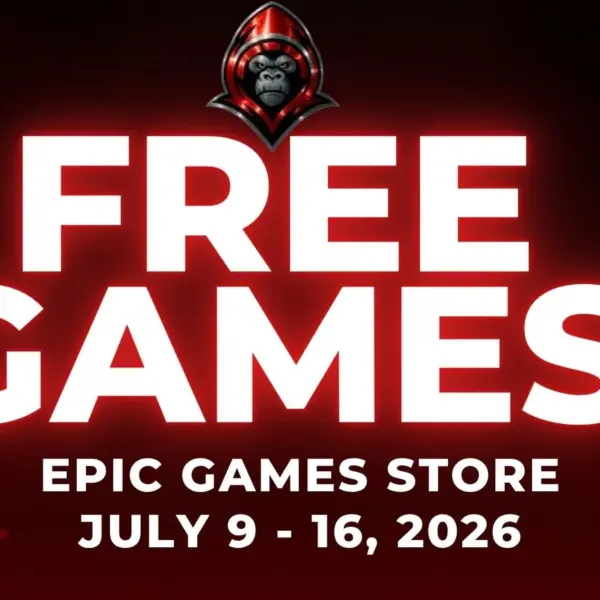 Free Games on the Epic Games Store July 9 - July 16, 2026 on a red background with gaming related icons
