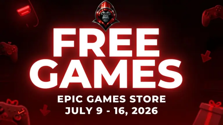 Free Games on the Epic Games Store July 9 - July 16, 2026 on a red background with gaming related icons