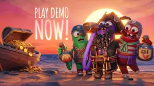 Three cartoonish pirates from Last Pirates: Die Together enjoy drinks with a sunset backdrop and treasure chest. Text reads "Play Demo Now!" Energetic and playful mood.