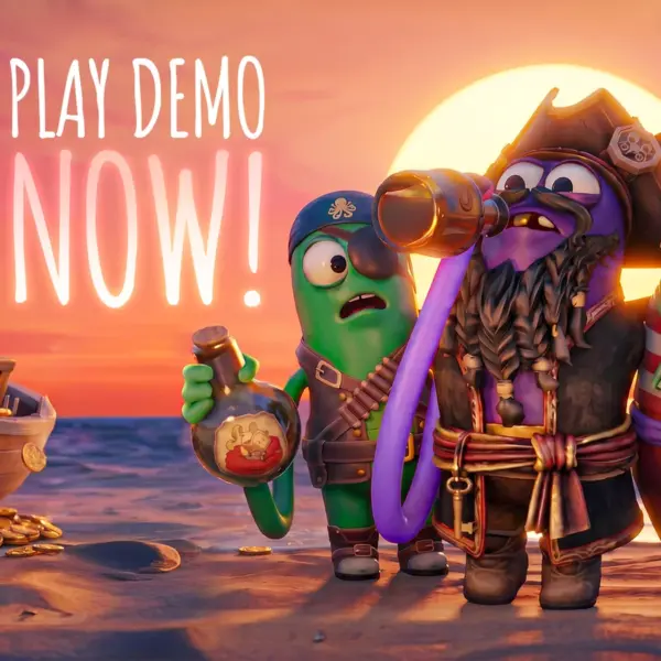 Three cartoonish pirates from Last Pirates: Die Together enjoy drinks with a sunset backdrop and treasure chest. Text reads "Play Demo Now!" Energetic and playful mood.