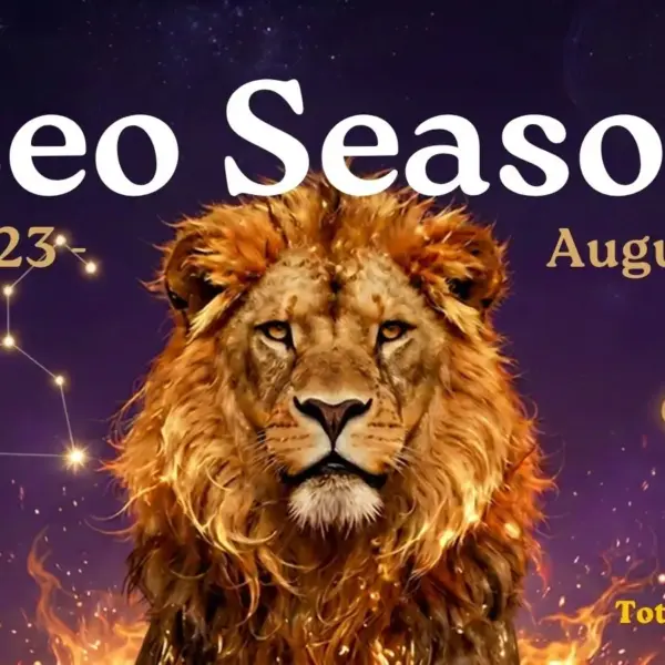 Leo Season image with lion head in the center, flames behind it, the constellation Leo on the left, and the Leo astrological symbol on the right. Leo Season 2026