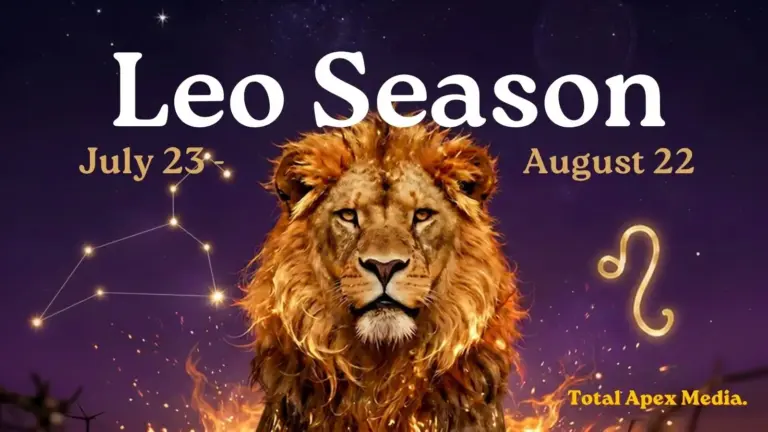 Leo Season image with lion head in the center, flames behind it, the constellation Leo on the left, and the Leo astrological symbol on the right. Leo Season 2026
