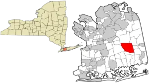 Map of Nassau County, New York incorporated and unincorporated areas. Levittown highlighted. "Growing Up Levittown"