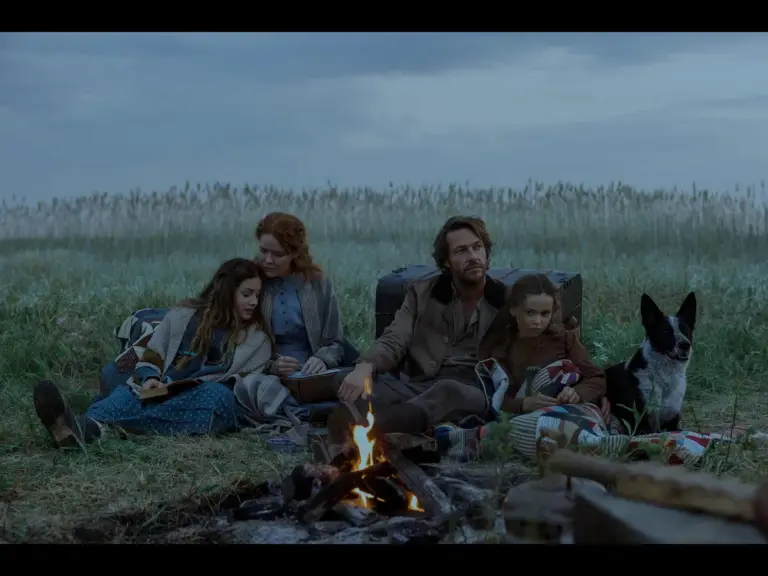 Skywalker Hughes, Alice Halsey, Luke Bracey, and Crosby Fitzgerald in "Little House on the Prairie" (2026) Netflix
