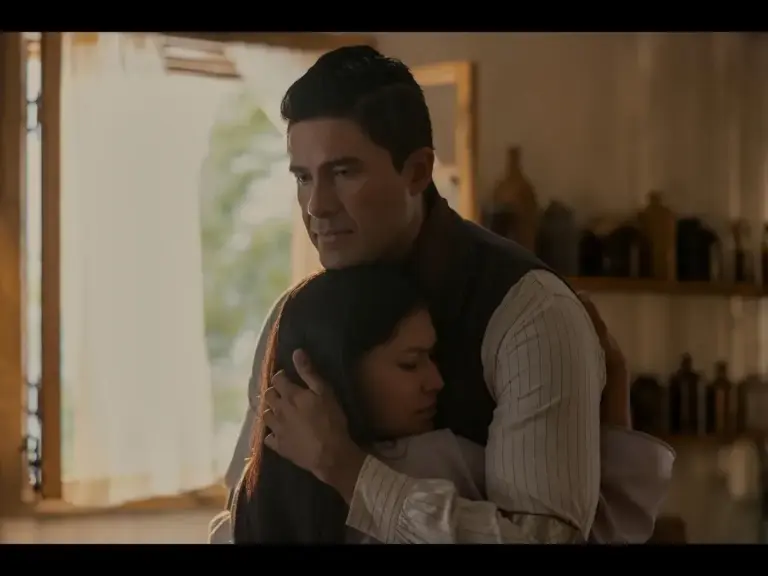 Meegwun Fairbrother and Alyssa Wapanatรขhk in "Little House on the Prairie" (2026) Netflix