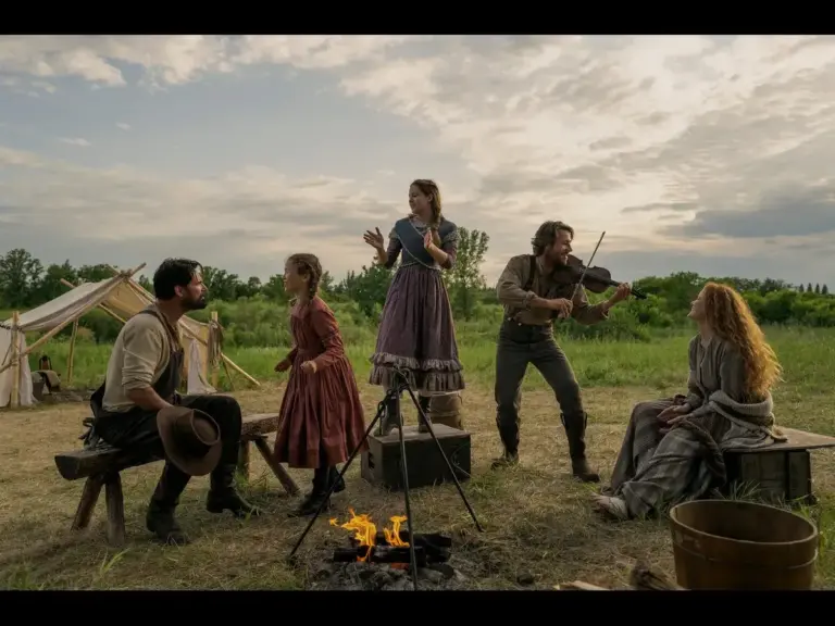 Skywalker Hughes, Warren Christie, Alice Halsey, Luke Bracey, and Crosby Fitzgerald in "Little House on the Prairie" (2026) Netflix