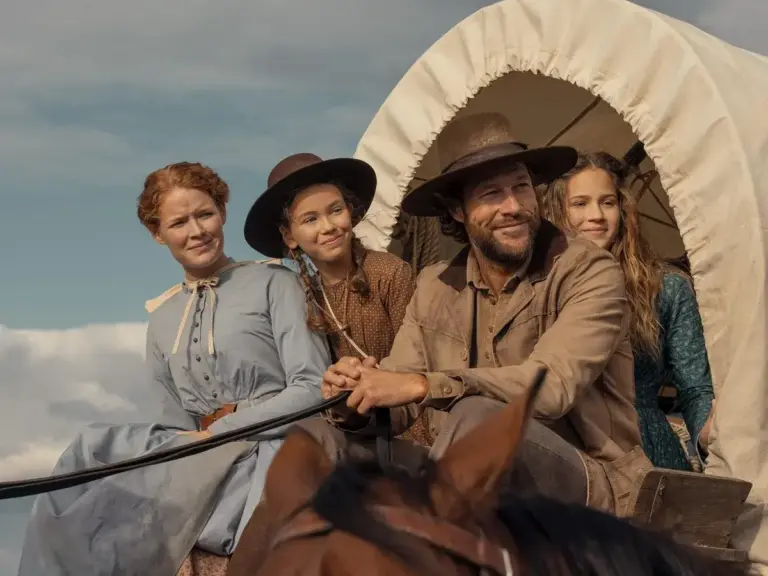 Skywalker Hughes, Alice Halsey, Luke Bracey, and Crosby Fitzgerald in "Little House on the Prairie" (2026) Netflix