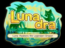Logo for Lunadara, featuring a blue background with a green dragon and green cat on a green sword.