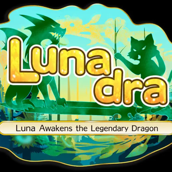 Logo for Lunadara, featuring a blue background with a green dragon and green cat on a green sword.