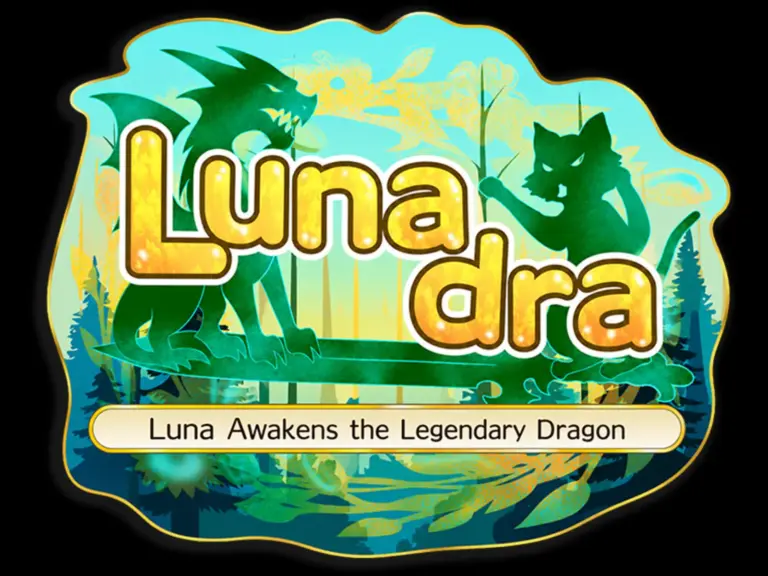 Logo for Lunadara, featuring a blue background with a green dragon and green cat on a green sword.