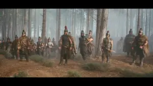 In the movie "The Odyssey," a group of armored soldiers with helmets and weapons walk through a dense, misty forest with tall trees.