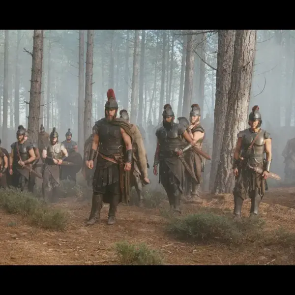 In the movie "The Odyssey," a group of armored soldiers with helmets and weapons walk through a dense, misty forest with tall trees.