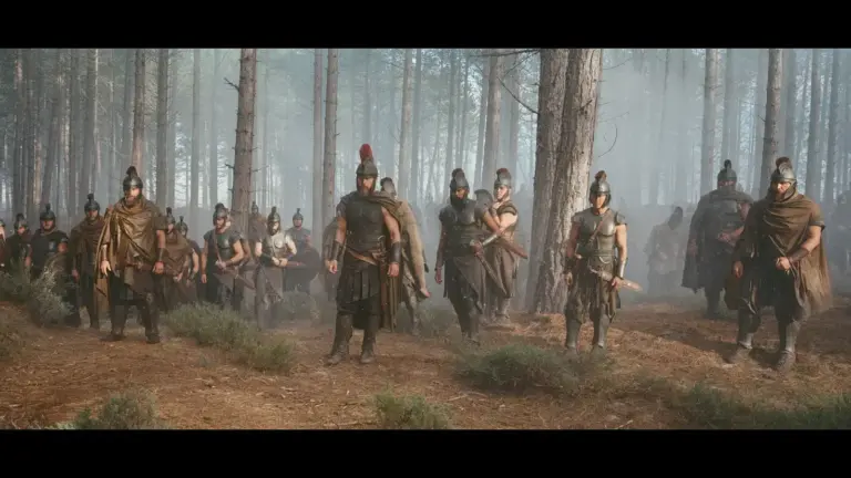 In the movie "The Odyssey," a group of armored soldiers with helmets and weapons walk through a dense, misty forest with tall trees.
