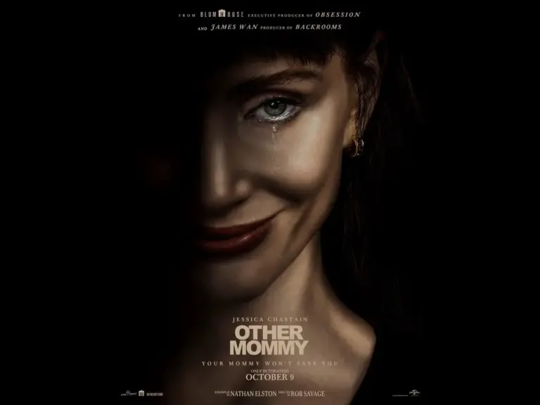 A dark and moody movie poster featuring a woman with a sinister smile and a tear streaking down her face, with the title "Other Mommy" and release date "OCTOBER 9" displayed prominently.