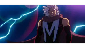 Marvel's X-Men '97's Magneto, with long white hair, wearing a dark cape and a distinctive emblem on his chest, set against a backdrop of lightning and a cosmic scene. Adam Driver might play him.