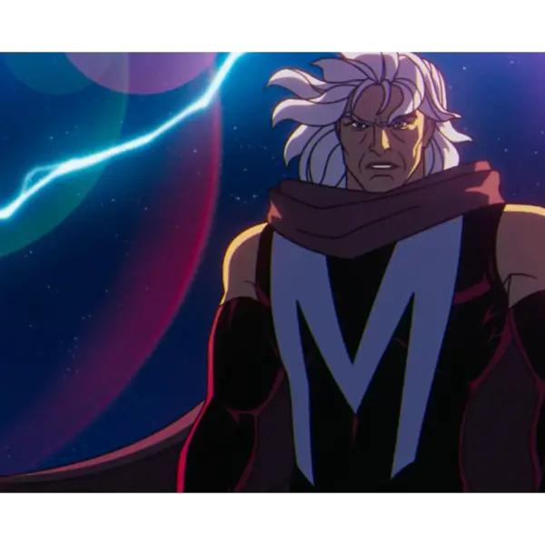 Marvel's X-Men '97's Magneto, with long white hair, wearing a dark cape and a distinctive emblem on his chest, set against a backdrop of lightning and a cosmic scene. Adam Driver might play him.