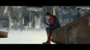 Spider-Man: Brand New Day Spider-Man sits on the edge of a building, looking at a phone. The cityscape appears upside down below, creating a disorienting, contemplative scene.