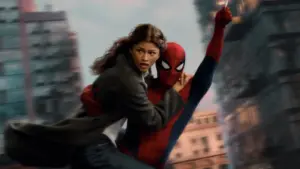 MJ (Zendaya) swings through the city with Spider-Man in Columbia Pictures SPIDER-MAN™: BRAND NEW DAY. Photo by: Jay Maidment