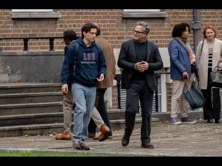 Peter Parker (Tom Holland, left) talks with his professor Bruce Banner (Mark Ruffalo) in Columbia Pictures SPIDER-MAN™: BRAND NEW DAY. photo by: Jay Maidment