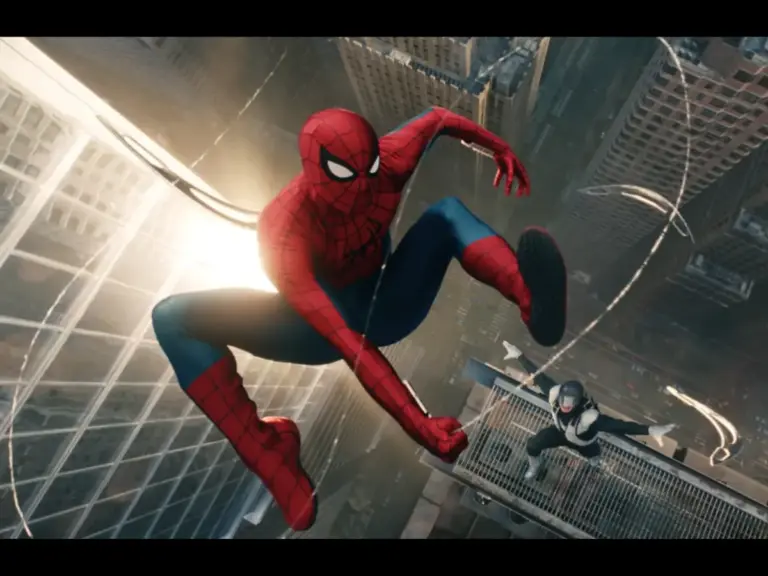 Spider-Man flying with a villain pursuing him