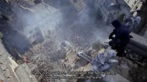A person in Ubisoft's Assassin's Creed Unity all black clothing over looking numerous people from a perch of a building.