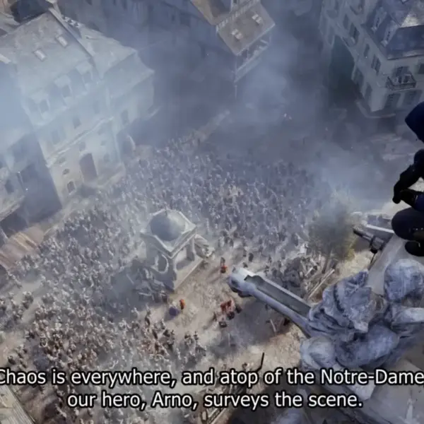 A person in Ubisoft's Assassin's Creed Unity all black clothing over looking numerous people from a perch of a building.