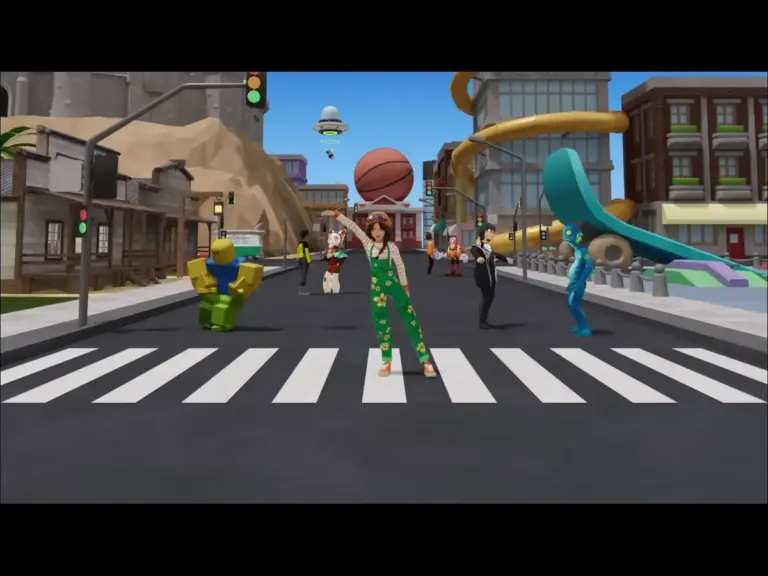 Roblox characters on a street in the game.