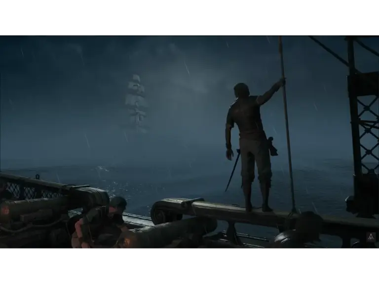 A man leaning over a ship on the ocean in Ubisoft's Assassin's Creed Black Flag Resynced