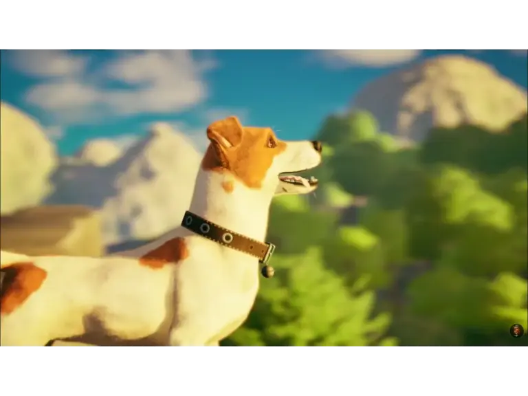 The dog from Toto's Journey on a hill looking outwards.