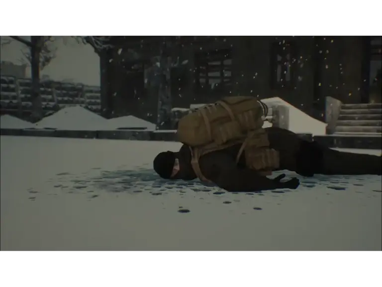 A character from Dreadweave lying dead in the snow.