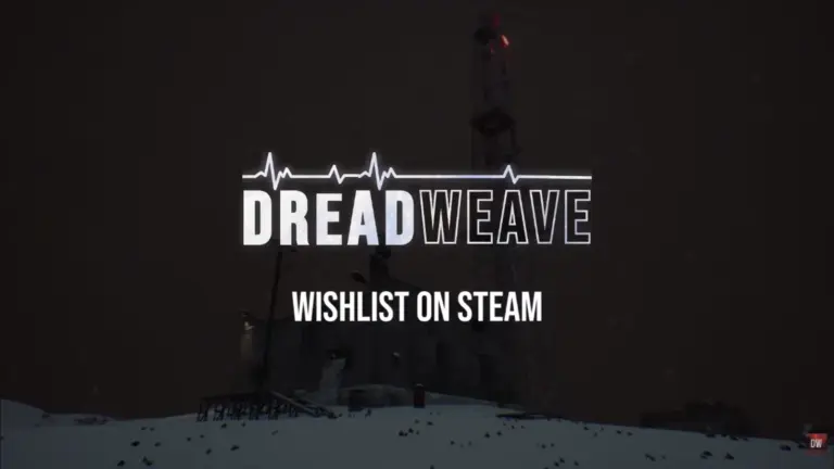 The Dreadweave title on a black background, with the words "Wishlist on Steam" in white font underneath it.