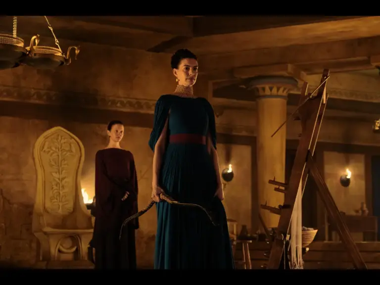 Anne Hathaway, Penelope, and Mia Goth in "The Odyssey" (2026)