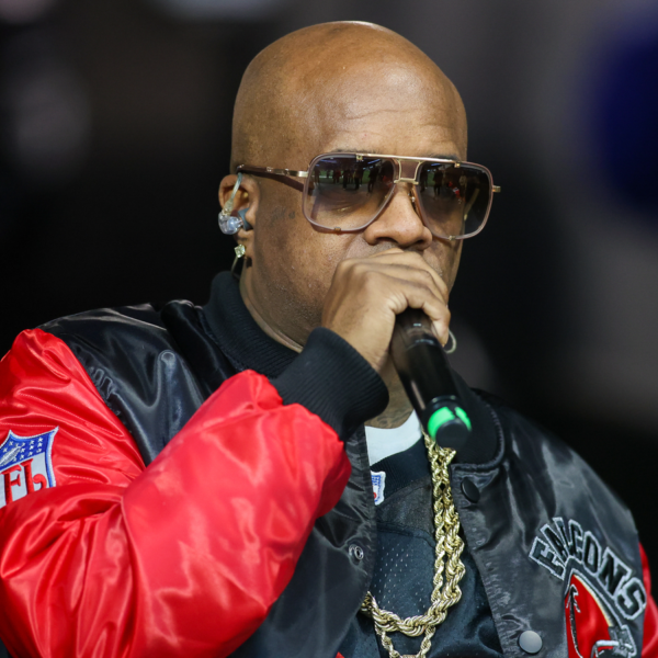 Nov 26, 2023; Atlanta, Georgia, USA; Rapper and entertainer Jermaine Dupri prepares to perform during a game between the Atlanta Falcons and New Orleans Saints in the second quarter at Mercedes-Benz Stadium.