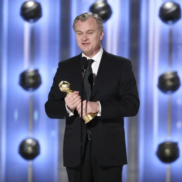 Jan 7, 2024; Beverly Hills, CA, USA; Christopher Nolan accepting the award for best director for \"Oppenheimer\" during the 81st Annual Golden Globe Awards in Beverly Hills, Calif., on Sunday, Jan. 7, 2024. Mandatory Credit: Sonja Flemming/Pool via USA TODAY NETWORK