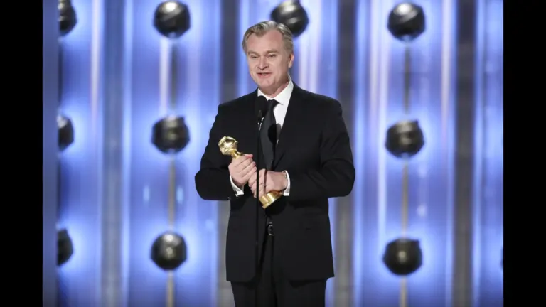 Jan 7, 2024; Beverly Hills, CA, USA; Christopher Nolan accepting the award for best director for \"Oppenheimer\" during the 81st Annual Golden Globe Awards in Beverly Hills, Calif., on Sunday, Jan. 7, 2024. Mandatory Credit: Sonja Flemming/Pool via USA TODAY NETWORK