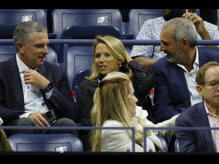 Sep 3, 2024; Flushing, NY, USA; Katie Couric (M) in the stands during the match between Frances Tiafoe (USA) and Grigor Dmitrov (BUL)(both not pictured) on day nine of the U.S. Open tennis tournament at the USTA Billie Jean King National Tennis Center.