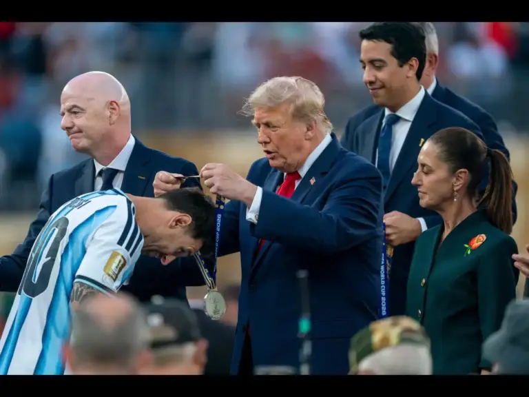 President Donald Trump places a medal on Argentina forward Lionel Messi (10) following Spain’s victory over Argentina during the 2026 FIFA World Cup on July 19.