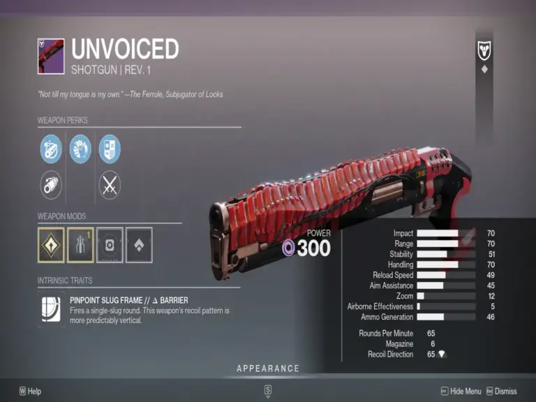 Unvoiced in Destiny 2, a weapon from Sundered Doctrine